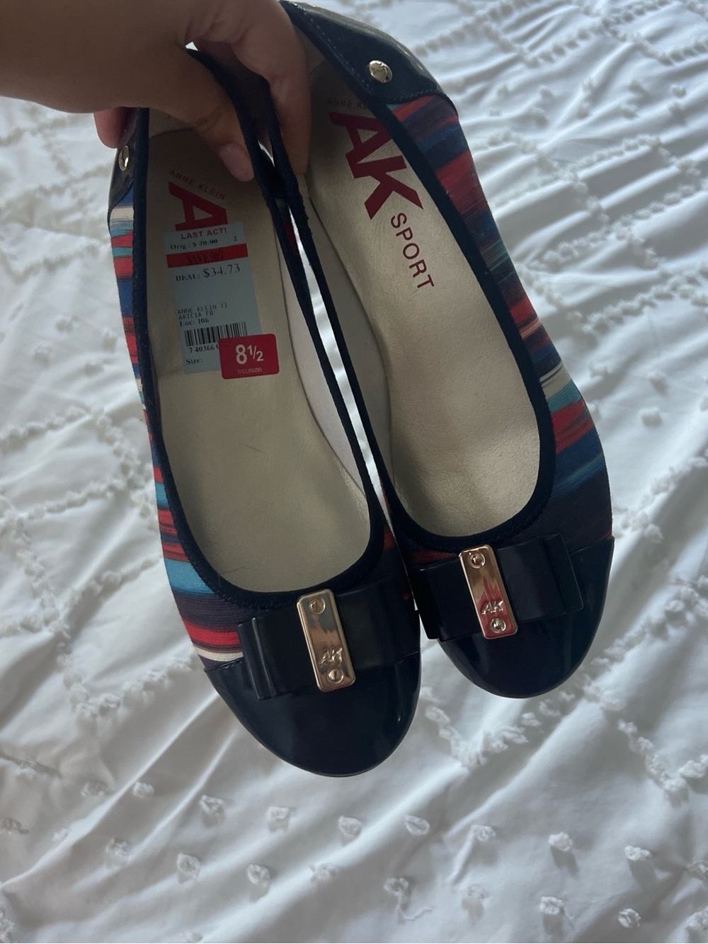 Anne Klein Multicolor Stripe Ballet Flats with Black Patent Toe